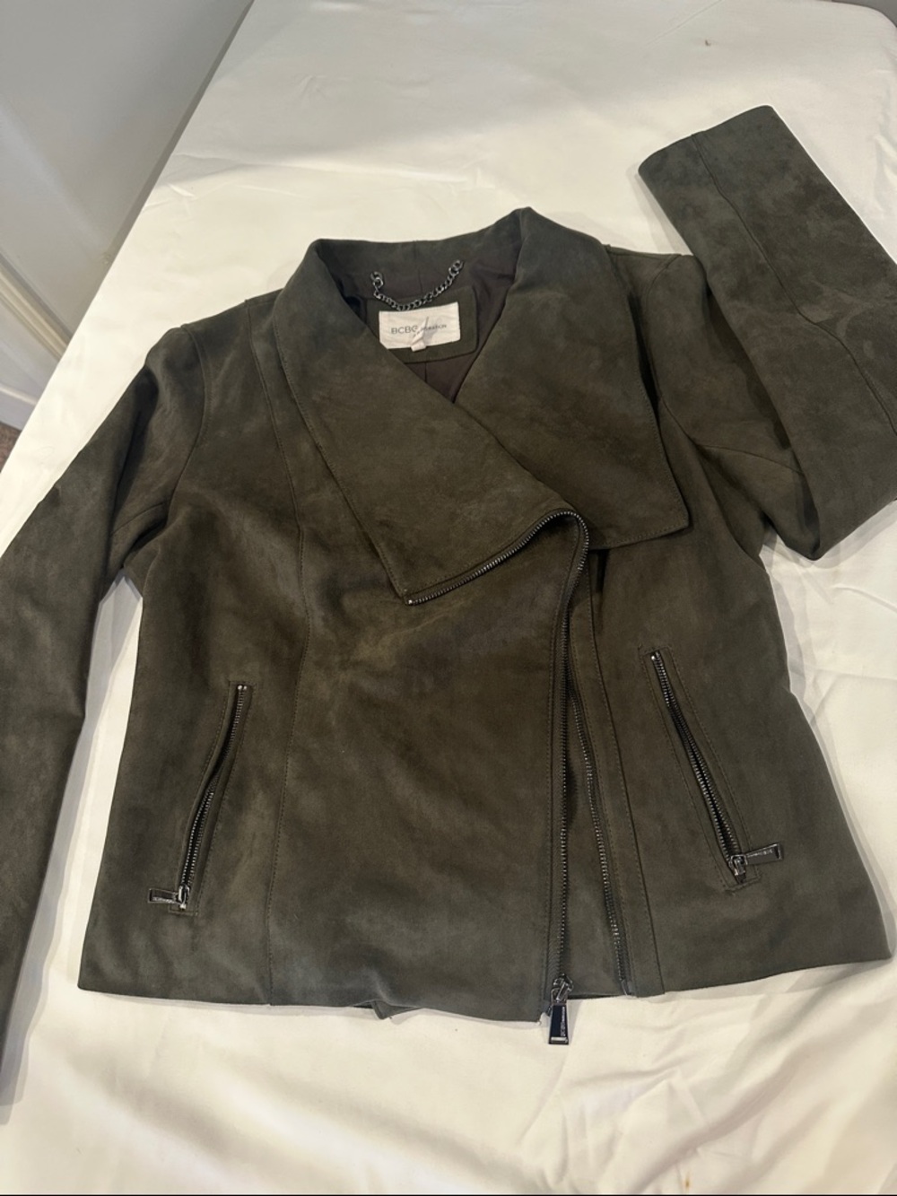 BCBG Dark Olive Suede Asymmetric Zip Jacket
